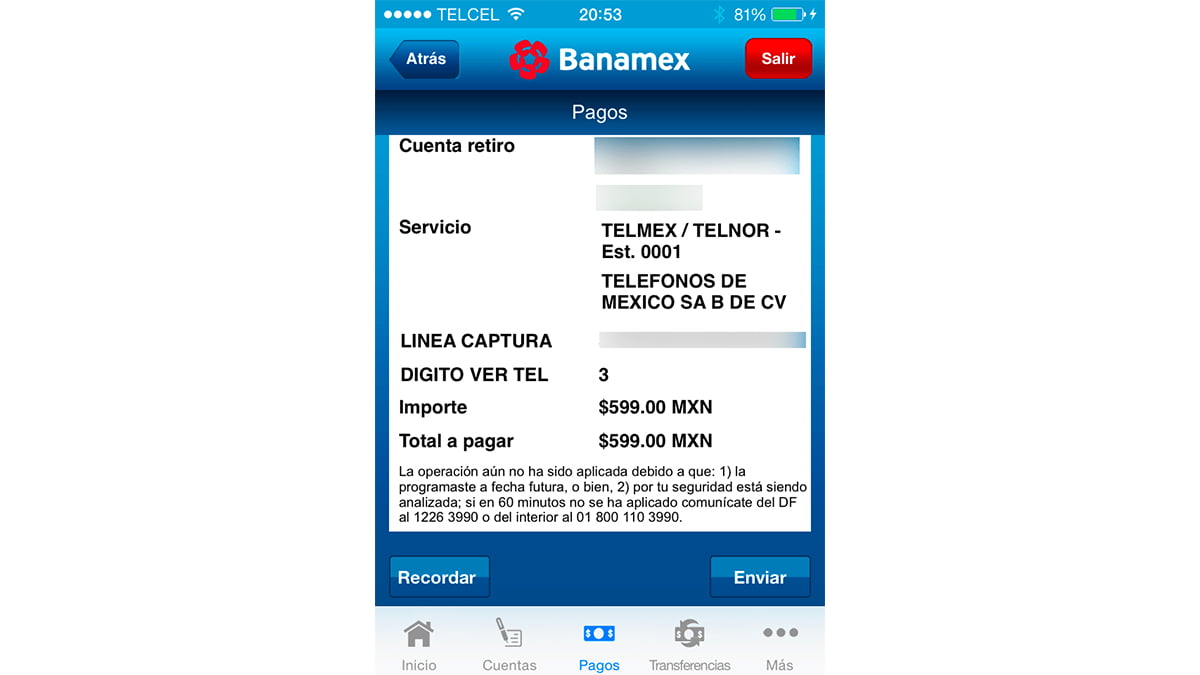 tiempo reflejarse pago servicio telmex desde la app banamex