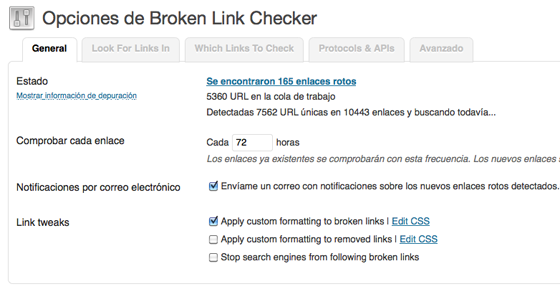 Opciones Broken Link Checker, plugin