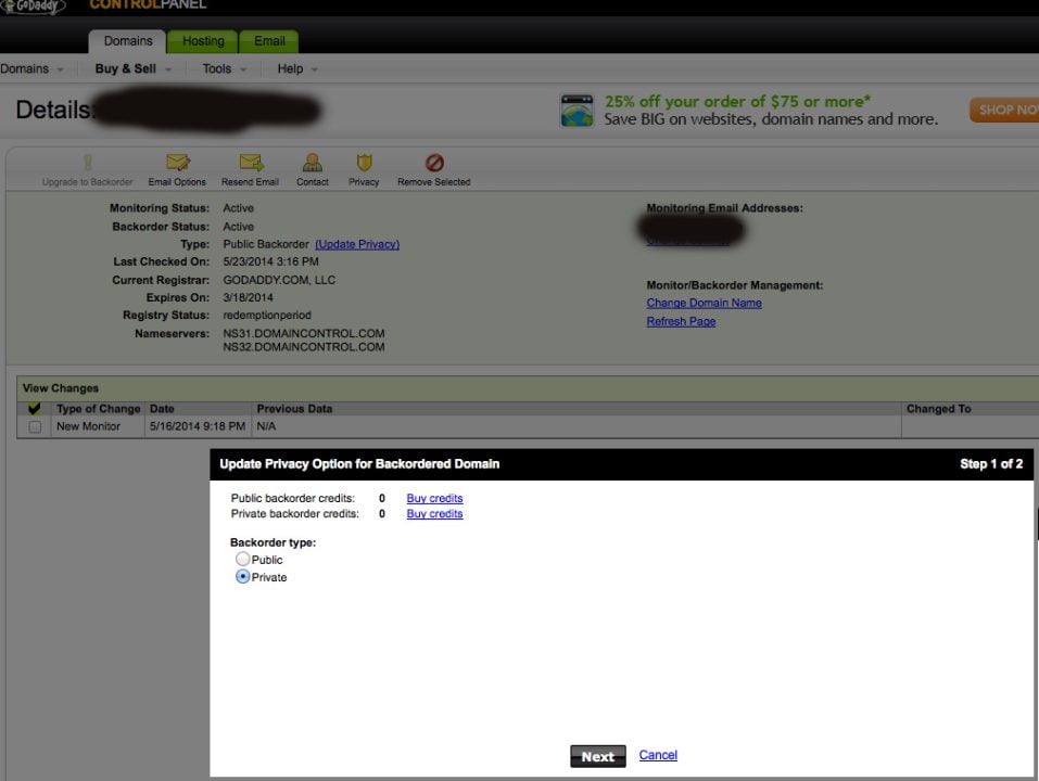 godaddy private backorder active
