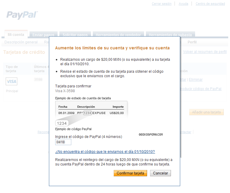 Ingrese el código PayPal (4 números)